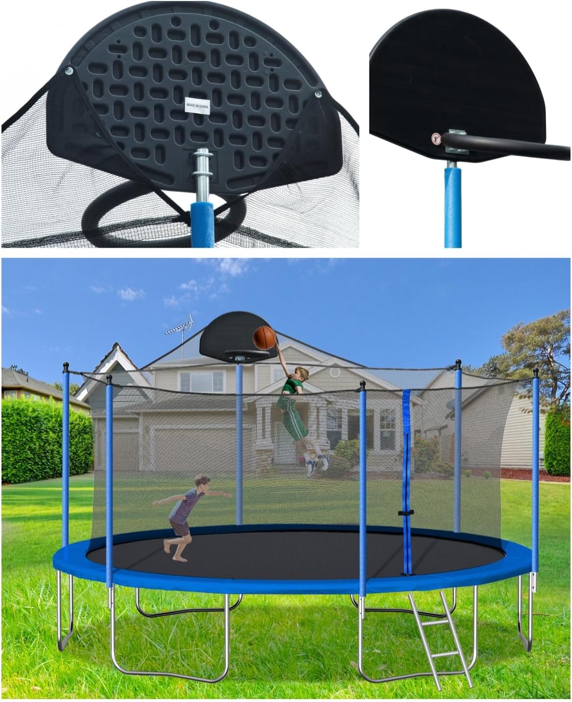 Trampoline for Kids and Adults - 14FT Trampoline with Basketball Hoop, Safety Enclosure Net, Trampoline ASTM Approved, Trampoline Outdoor with Heavy Duty Jumping Mat Spring Cover Padding, Ladder