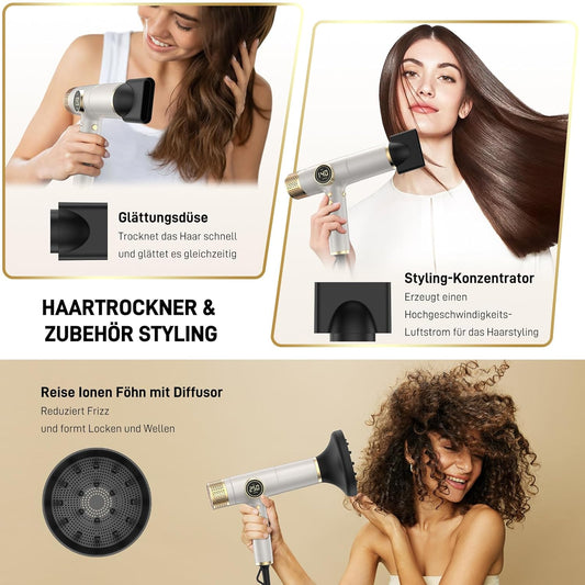 HITTIONA Travel Ion Hair Dryer with Diffuser Negative Ion Hair Dryer, Quick Drying, for All Hair Types, No Heat Damage, Lightweight, Low Noise, Dual Voltage Hair Dryer (100-240 V) for Home, Travel